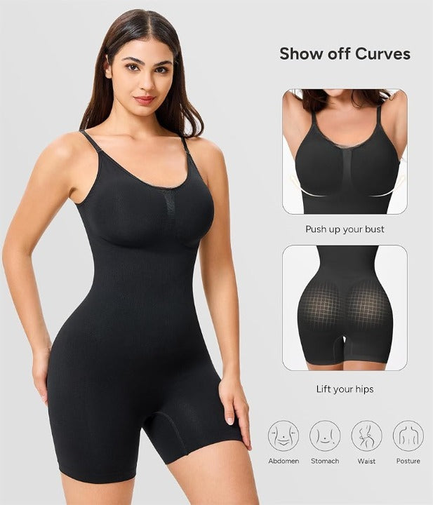 Shapewear Bodysuit for Women – Seamless Tummy Control Mid-Thigh Body Shaper (Skin Color) ~ XL