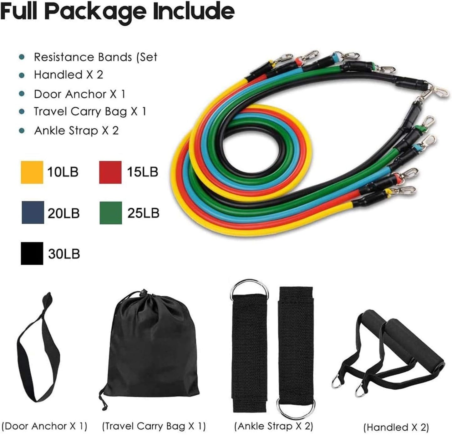 Resistance Bands Set  11pcs Latex Pull Rope  With Door Anchor, Handles & Ankle Straps  Home & Gym Workout