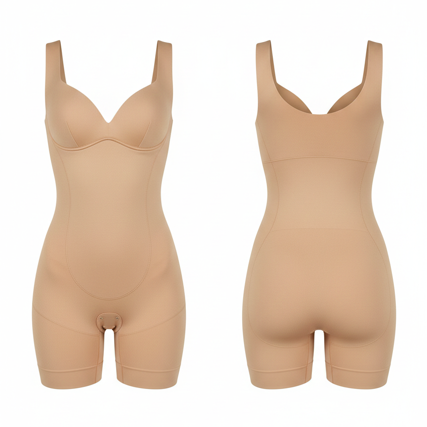 Shapewear Bodysuit for Women – Seamless Tummy Control Mid-Thigh Body Shaper (Skin Color) ~ XL